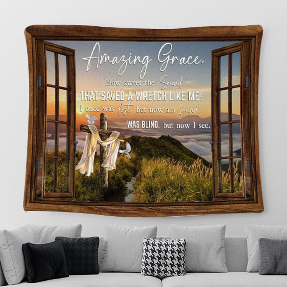 Christian Wall Art Amazing Grace How Sweet The Sound Cross Mountain Tapestry Print - Christian Tapestries For Room Decor