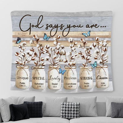 Christian Wall Art God Says You Are - Cotton Flowers Butterflies Tapestry Print - Christian Tapestries For Room Decor