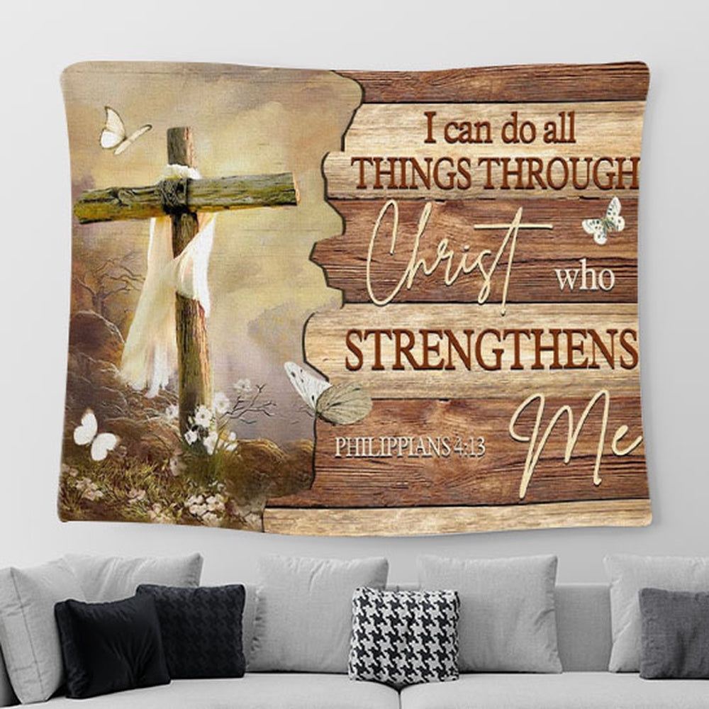 Christian Wall Art I Can Do All Things Through Christ Butterfly Cross Tapestry Print - Christian Tapestries For Room Decor