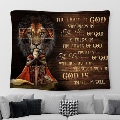 Christian Warrior - Lion Of Judah - Prayer For Protection Tapestry Wall Art Print - Christian Tapestries For Room Decor