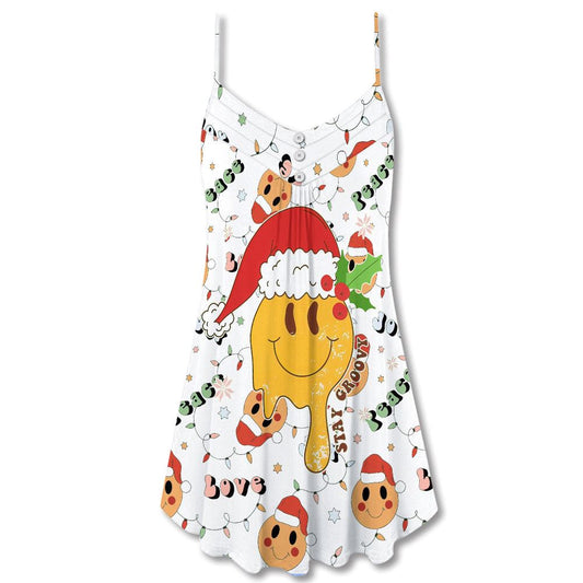 Christmas Hippie Groovy Santa Claus Smile Face Spaghetti Strap Summer Dress For Women On Beach Vacation, Hippie Dress, Hippie Beach Outfit