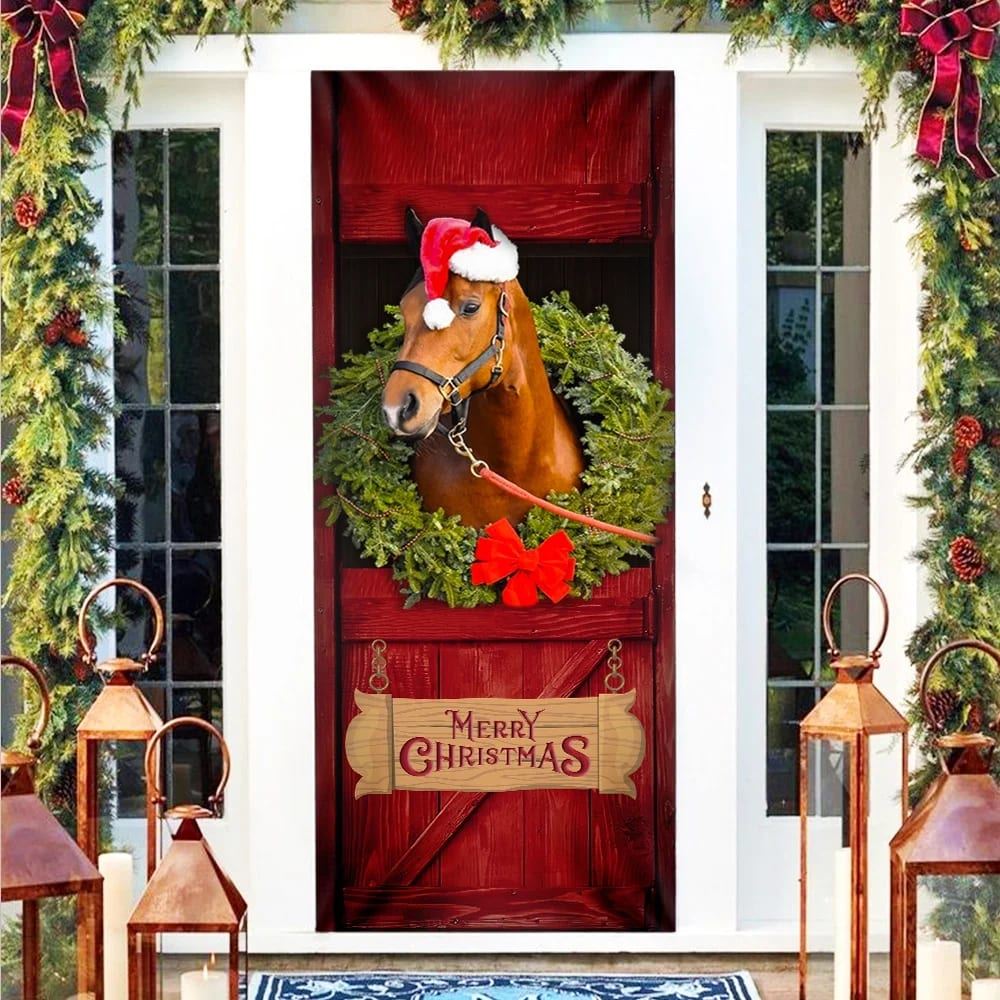 Christmas Horse Door Cover, Merry Christmas Horse In Stable Door Cover, Xmas Door Covers, Christmas Gift, Christmas Door Coverings
