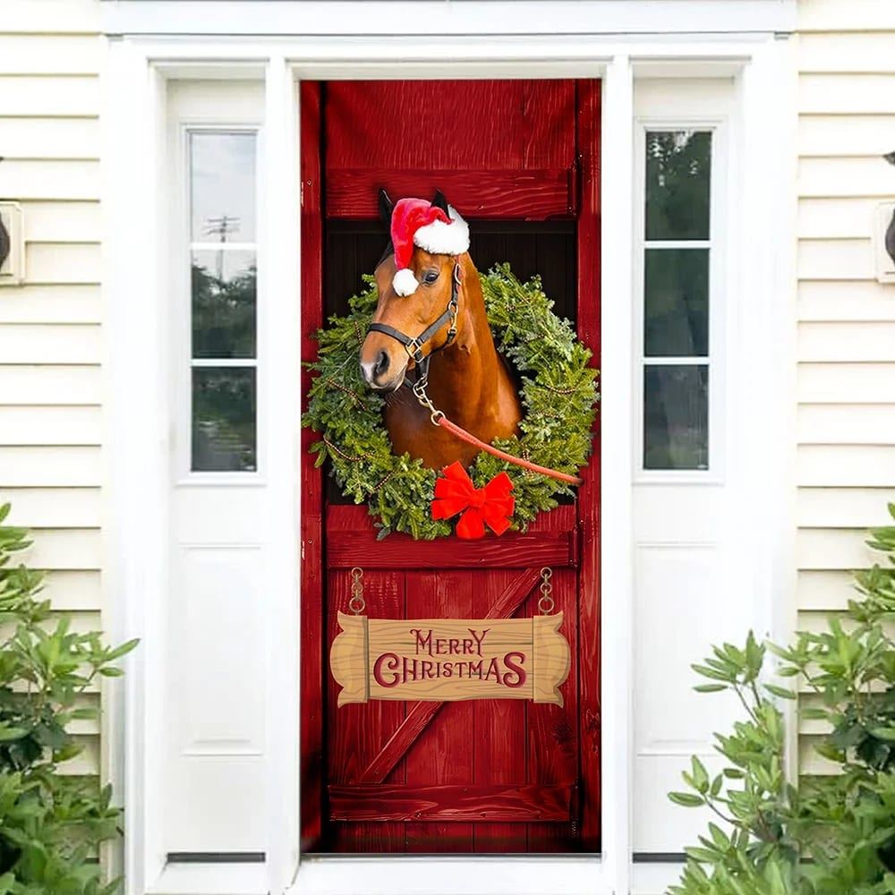 Christmas Horse Door Cover, Merry Christmas Horse In Stable Door Cover, Xmas Door Covers, Christmas Gift, Christmas Door Coverings