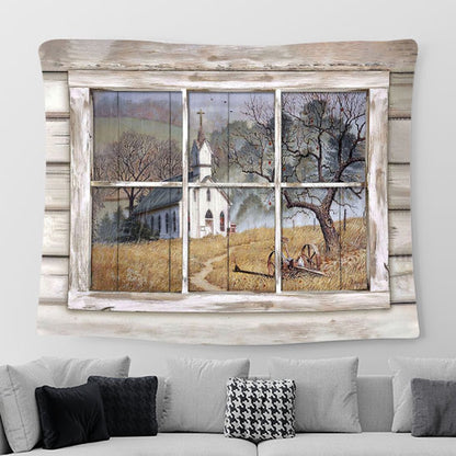 Church Country Church Through Rustic Window Yellow Meadow Tapestry Wall Art - Bible Verse Tapestry - Religious Prints