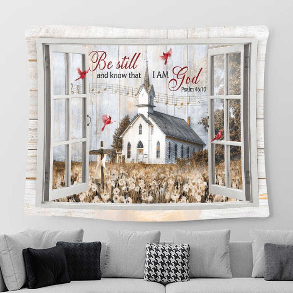 Church Dandelion Field Red Cardinal Be Still And Know That I Am God Tapestry Wall Art - Bible Verse Tapestry - Religious Prints