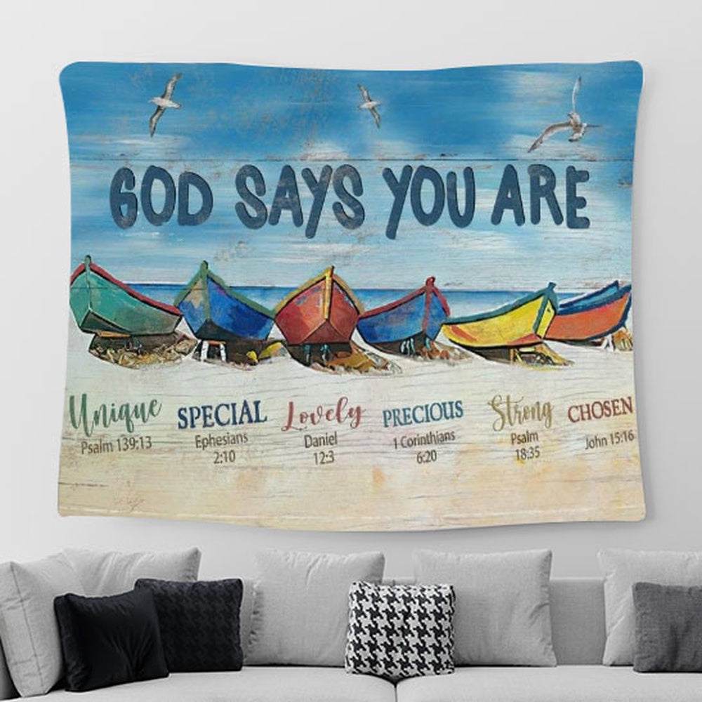 Colorful Boat Beach Painting God Says You Are Tapestry