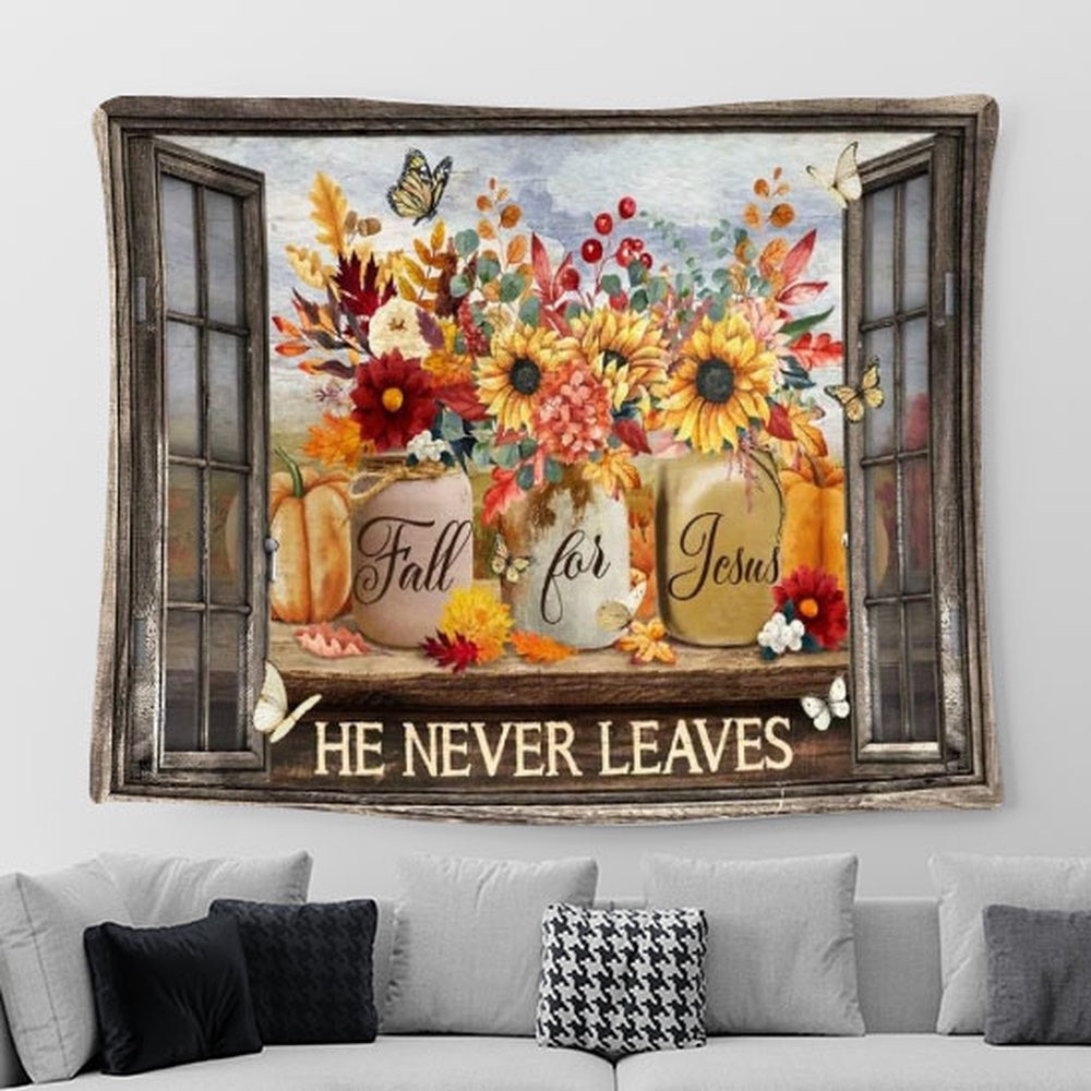 Colorful Flower, Pumpkin Painting, Fall For Jesus, He Never Leaves Tapestry
