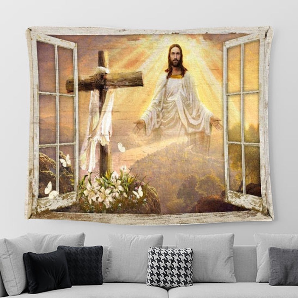 Come To Jesus, Beautiful Sunset, Cross, Lily Garden Tapestry