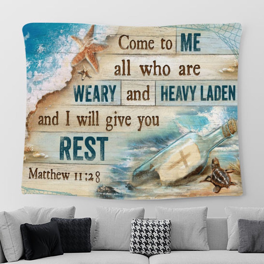Come To Me All Who Are Weary And Heavy Laden And I Will Give You Rest Beach Cross Large Tapestry Art - Christian Tapestry Prints