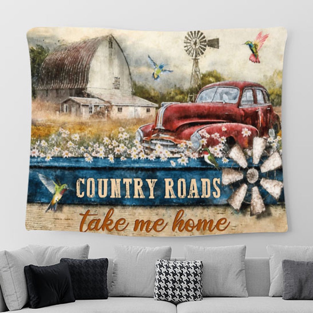 Country Roads Take Me Home Hummingbird Old Car Large Tapestry Art - Christian Tapestry Wall Hanging - Religious Tapestry Prints