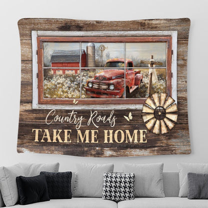 Country Roads Take Me Home Old Red Truck Wooden Cross Large Tapestry - Christian Wall Art - Bible Verse Tapestry Art
