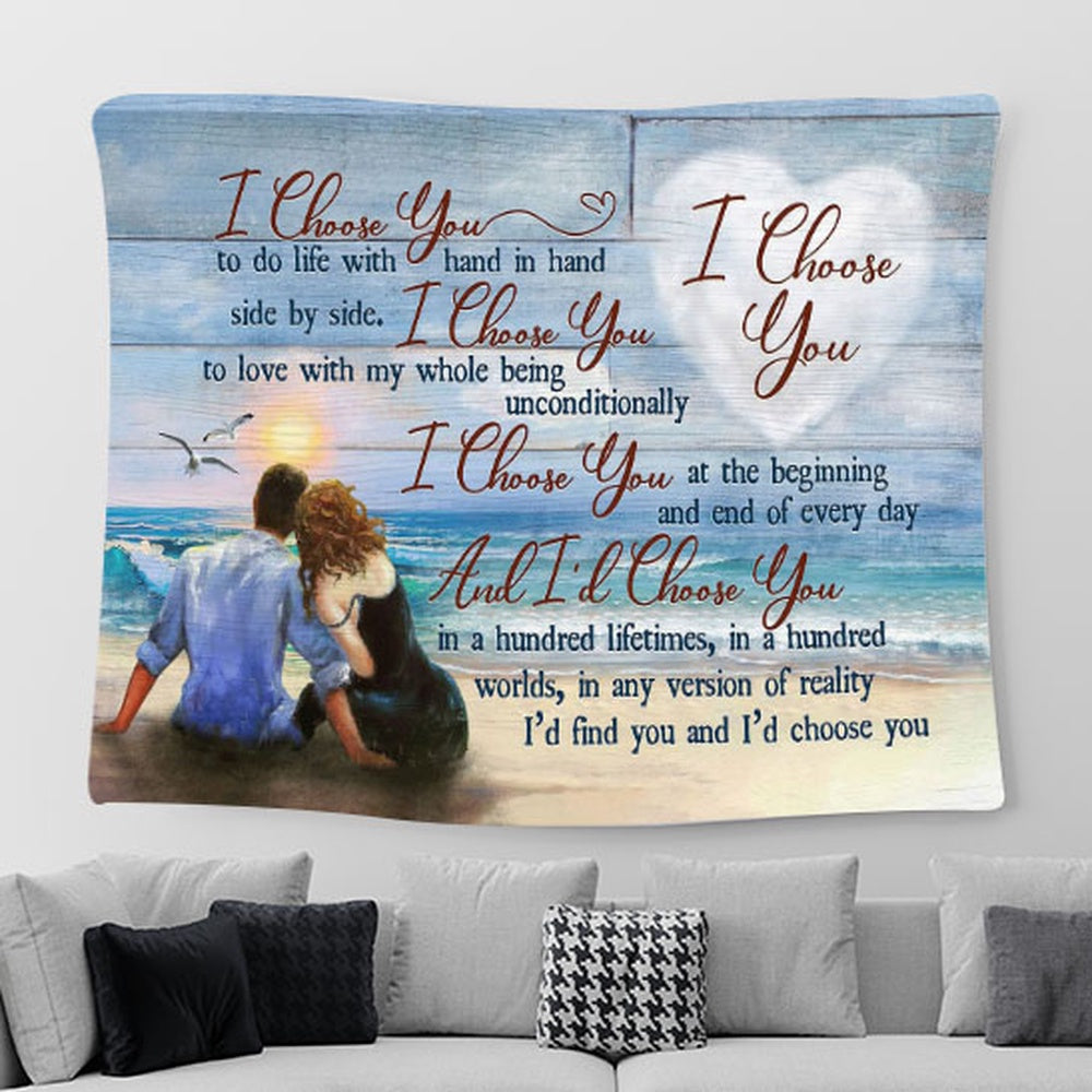 Couple Blue Ocean Sunset And I'd Choose You Tapestry Wall Art - Bible Verse Tapestry - Religious Prints