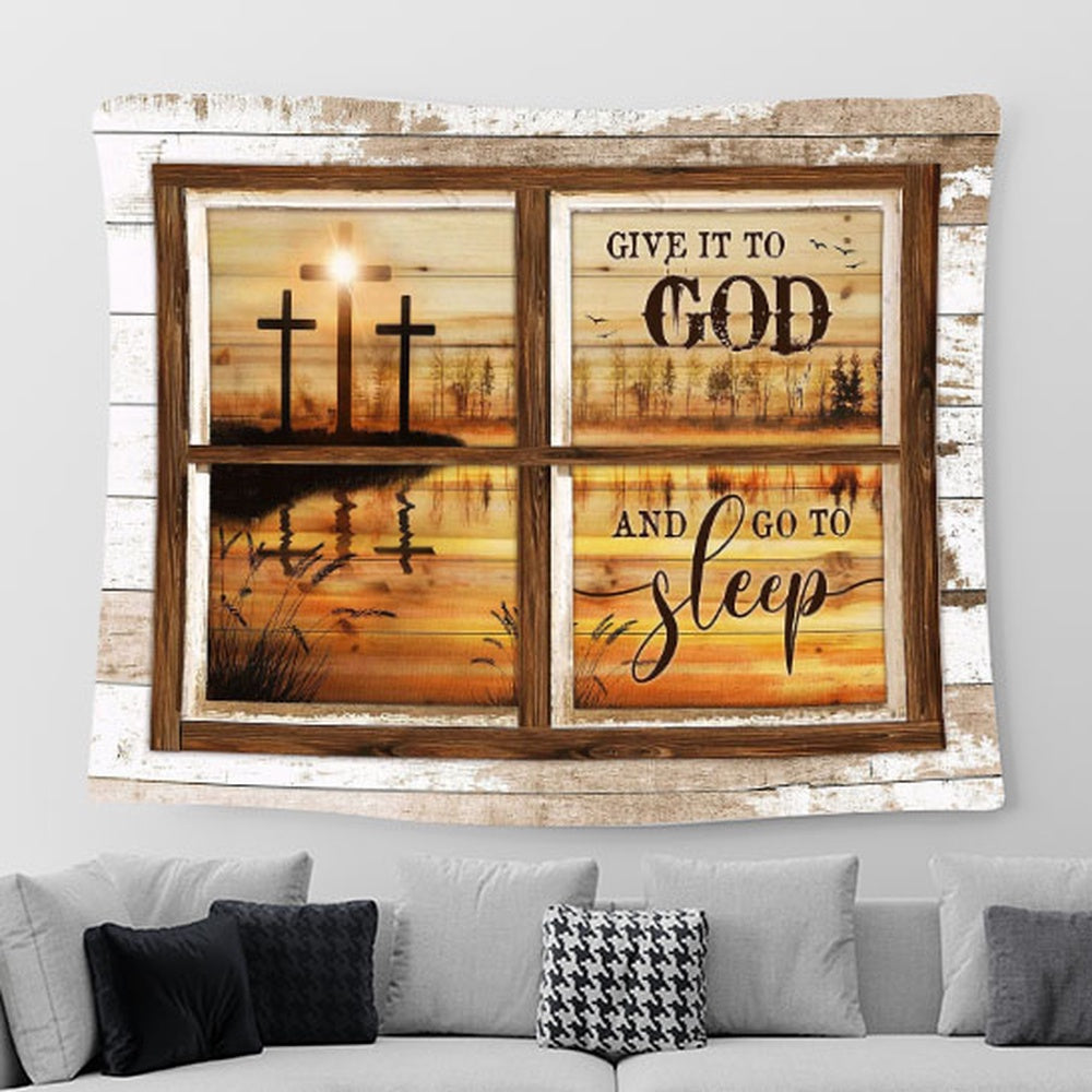 Cross Beautiful Lake Give It To God And Go To Sleep Large Tapestry - Christian Wall Art - Bible Verse Tapestry Art
