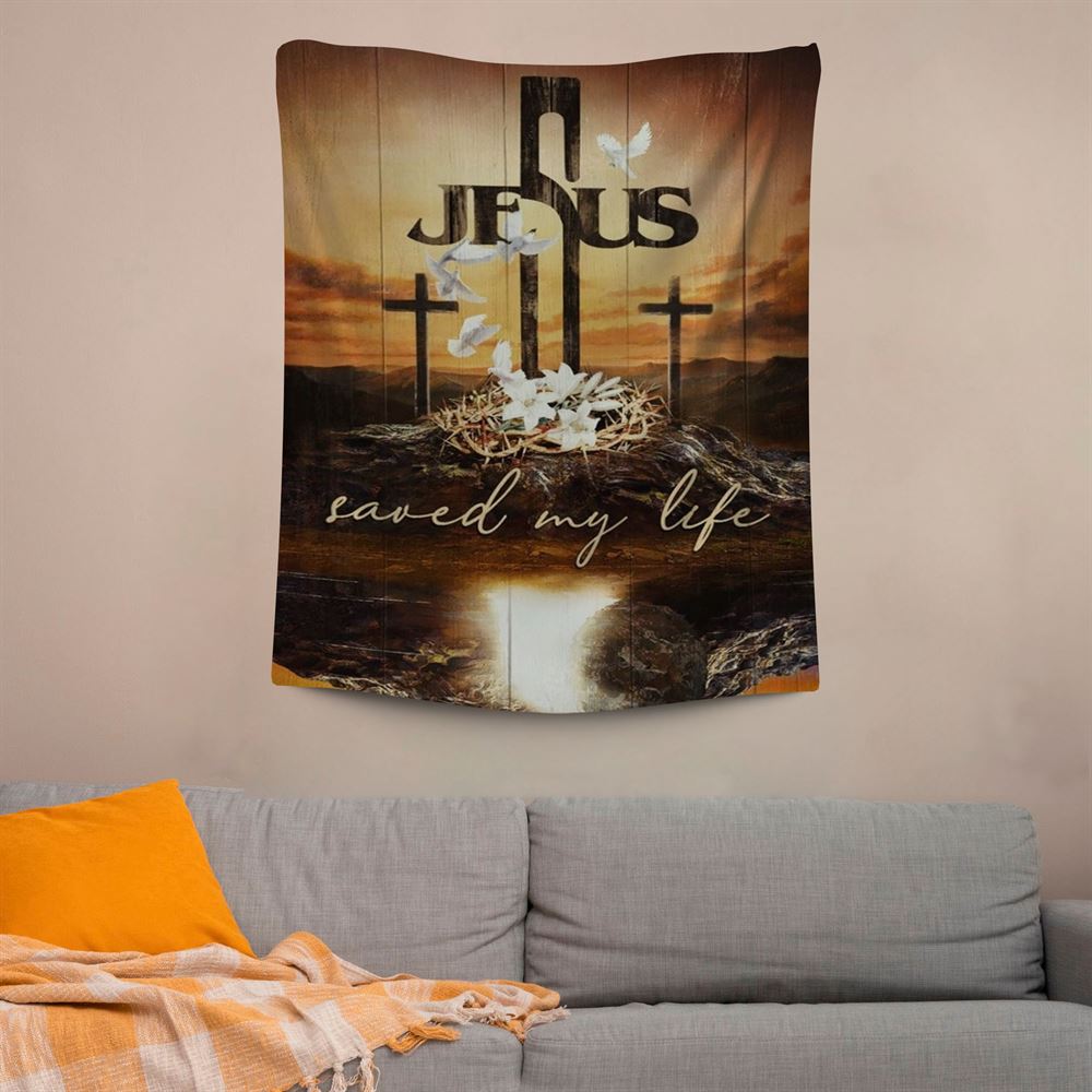 Cross Crown Of Thorns White Lily Dove Jesus Saved My Life Tapestry, Jesus Tapestry, Christian Wall Decor, Bible Verse Wall Art