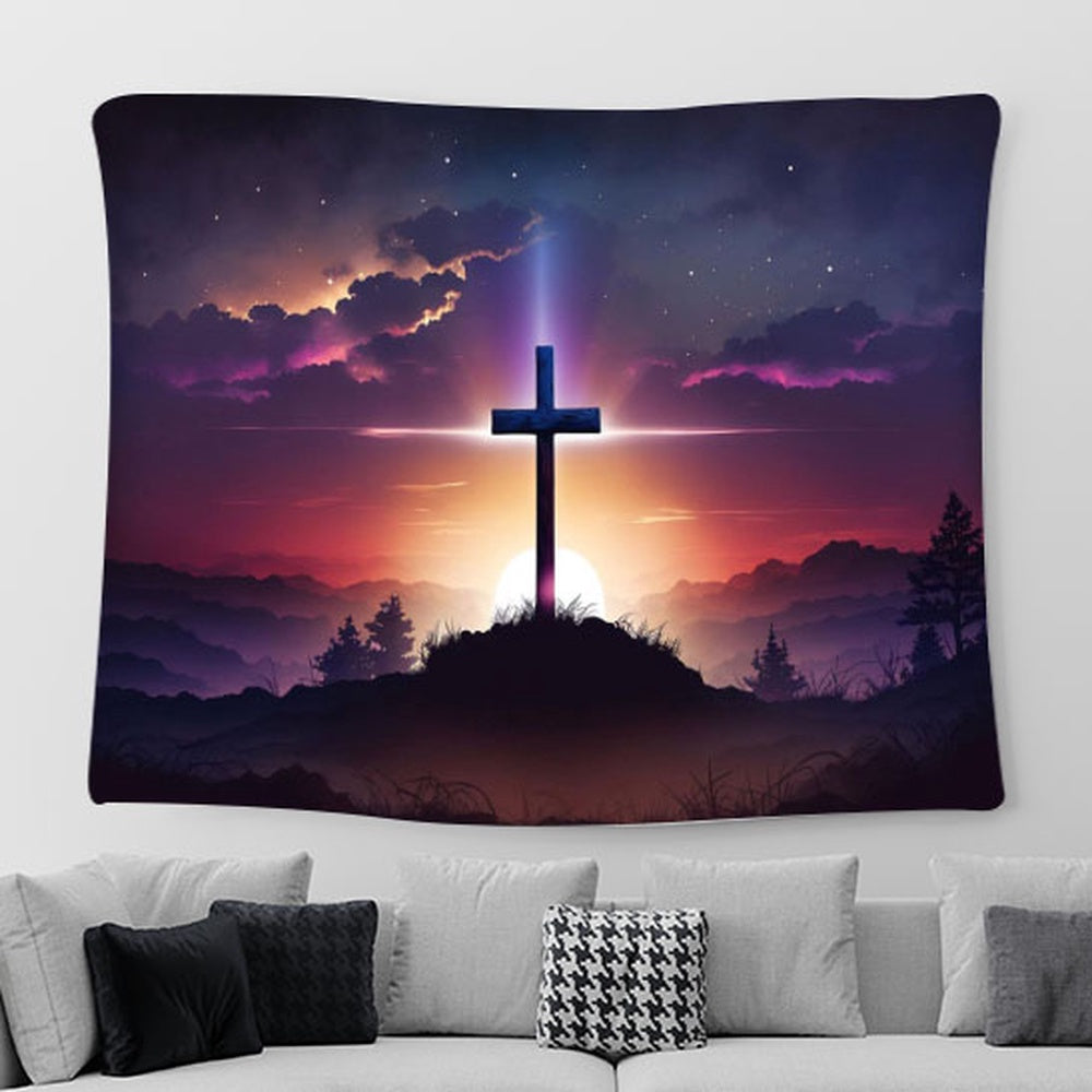 Cross Hill With Sun Tapestry Pictures - Faith Art - Christian Tapestry Wall Art Decor