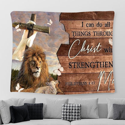 Cross, Lion Drawing, Lamb Of God, I Can Do All Things Through Christ Tapestry