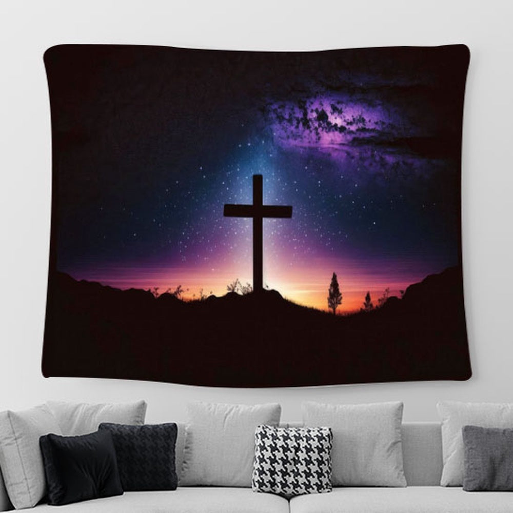Cross Middle Forest Christianity Tapestry Pictures - Faith Art - Christian Tapestry Wall Art Decor