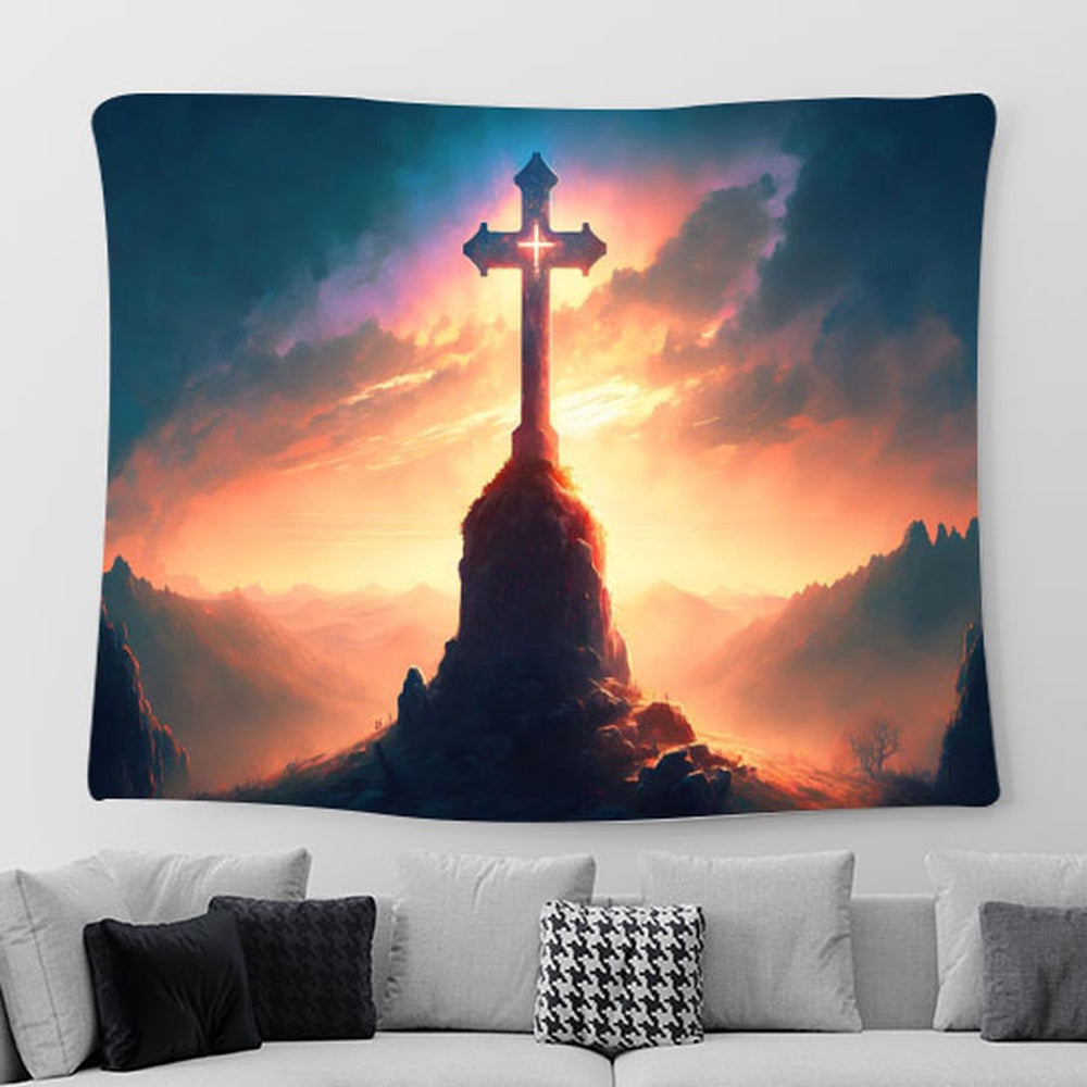 Cross On Calvary Hill Golgotha Mountain Tapestry Pictures - Faith Art - Christian Tapestry Wall Art Decor