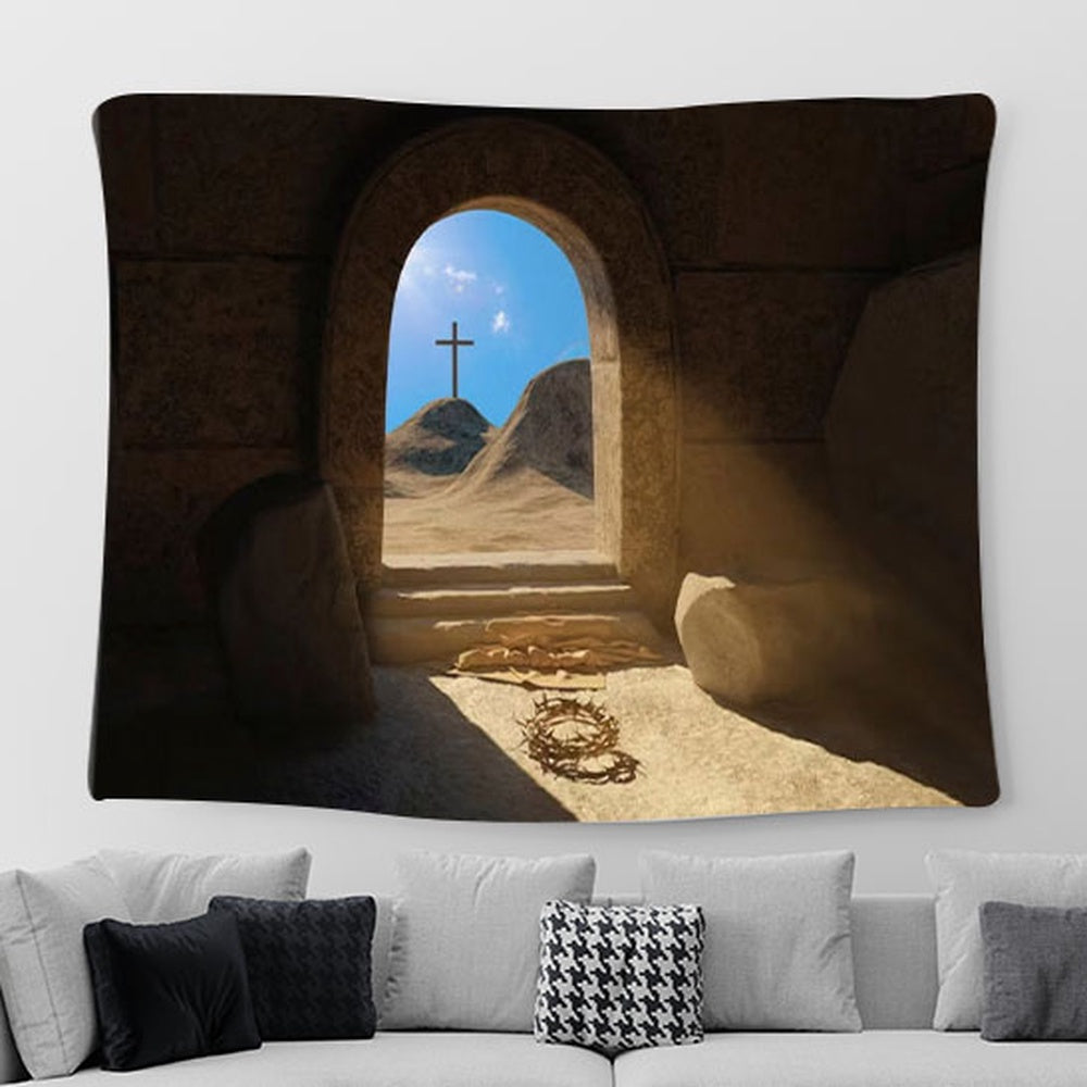 Crown Of Thorns Tomb Tapestry Art - Christian Wall Art Decor - Easter Wall Art
