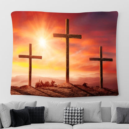 Crucifixion Jesus Christ Sunset Tapestry Pictures - Faith Art - Christian Tapestry Wall Art Decor
