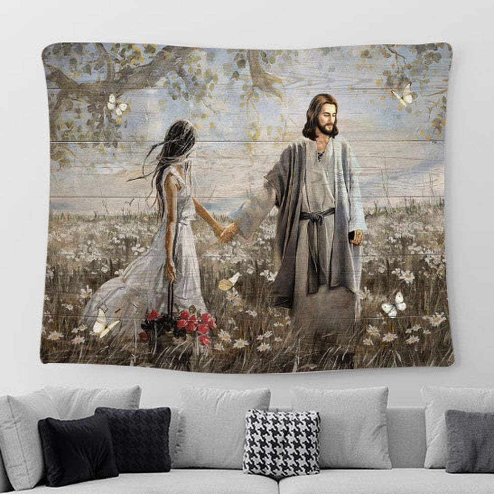 Daisy Field Pretty Girl Rose Vase Walking With Jesus White Butterfly Tapestry Wall Art - Bible Verse Tapestry - Religious Prints