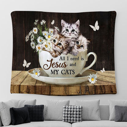 Daisy Flower All I Need Is Jesus And My Cats Tapestry Painting - Christian Wall Art - Gifts For Cat Lovers