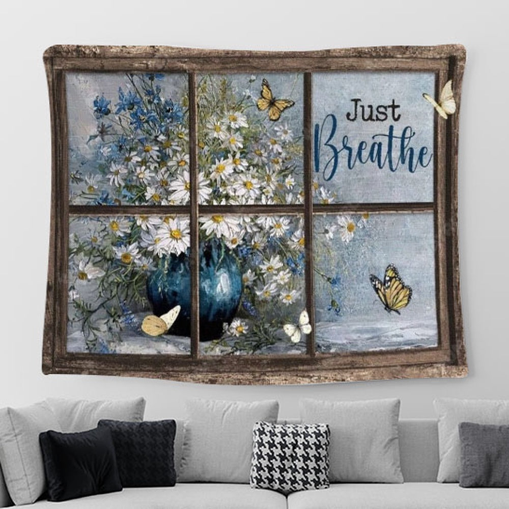 Daisy Vase, Antique Window, Colorful Butterfly, Just Breathe Tapestry