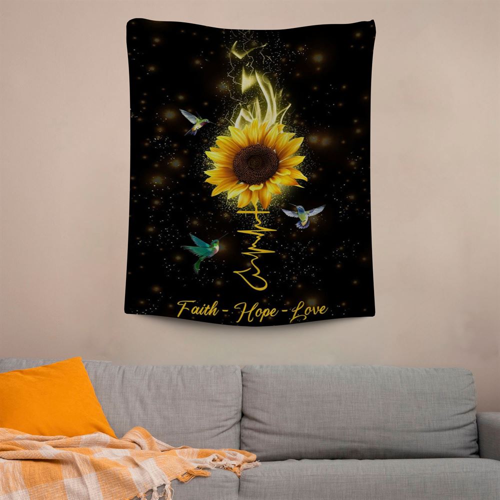 Faith Hope Love Hummingbird Sunflower Tapestry Prints, Scripture Wall Art, Tapestries Spiritual For Bedroom