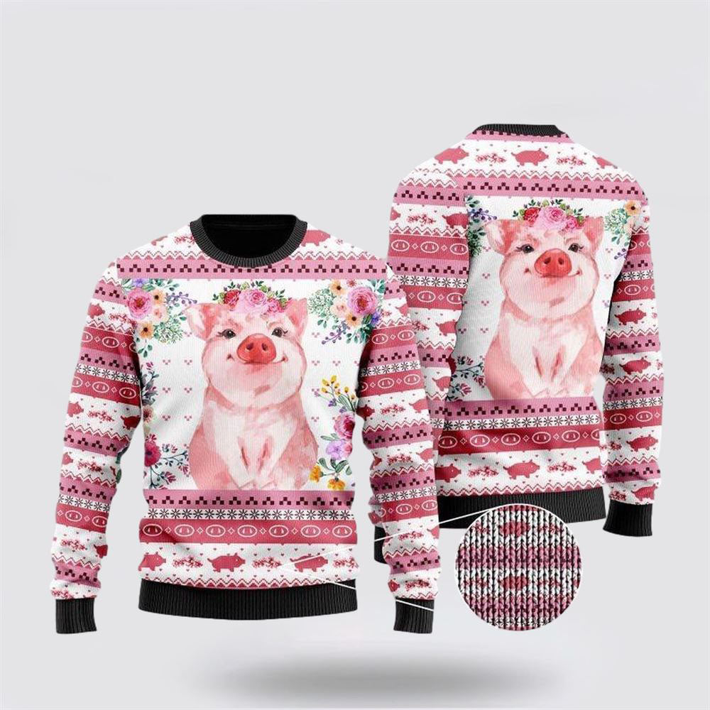 Floral Pink Piggy Ugly Christmas Sweater For Men And Women, Farm Ugly Sweater, Christmas Fashion Winter