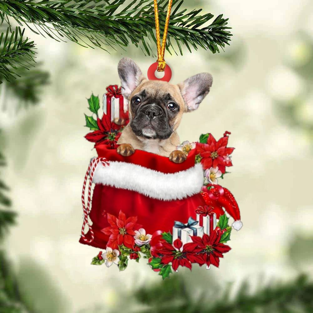 French Bulldog In Gift Bag Christmas Ornaments, Christmas Tree Decoration, Car Ornament Accessories, Christmas Ornaments 2023