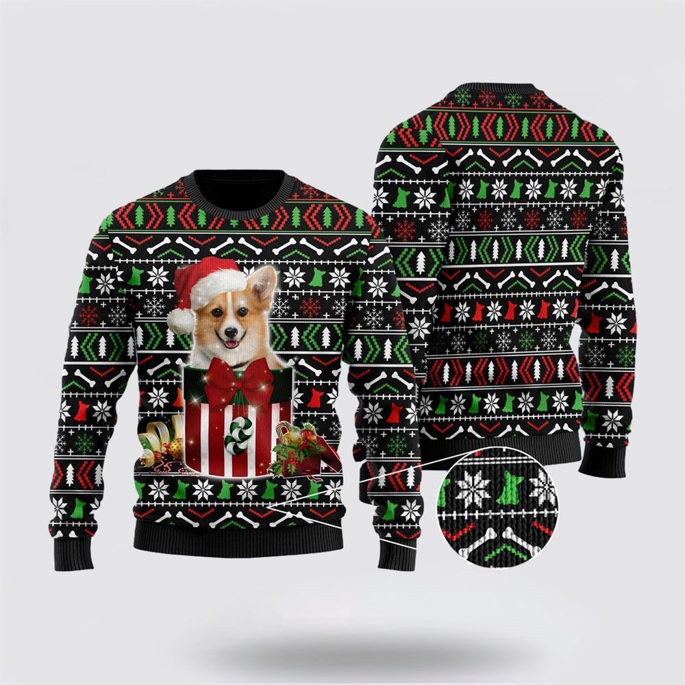 Funny Corgi In The Gift Box Ugly Sweater, Christmas Gift For Dog Love, Christmas Fashion Winter