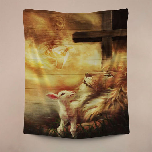 God, Lion And Lamb Tapestry Wall Art, Christian Wall Tapestry, Religious Tapestry, Christian Wall Decor, Religious Home Decor