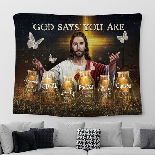 God Says You Are Unique Tapestry - Face Of Jesus Crystal Butterfly Tapestry Prints - Religious Tapestry Art - Christian Home Decor