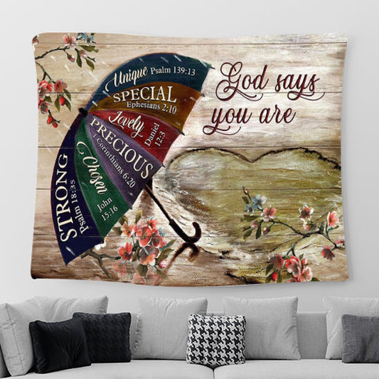 God Says You Are Unique Umbrella Rainy Day Tapestry Wall Art - Bible Verse Tapestry - Religious Prints