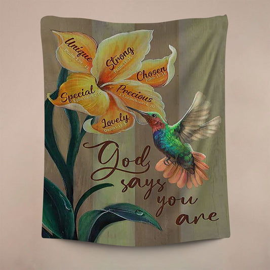 God Says You Are Unique Yellow Lily Hummingbird Tapestry Art, Christian Wall Decor, Religious Home Decor