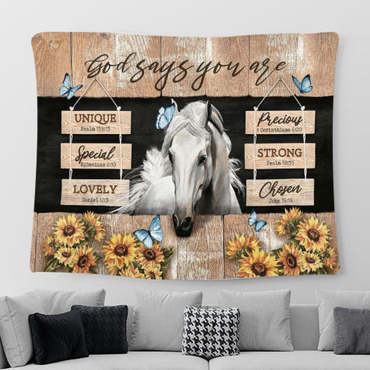 God Says You Are White Horse Sunflower Tapestry Prints - Religious Tapestry Art - Christian Home Decor