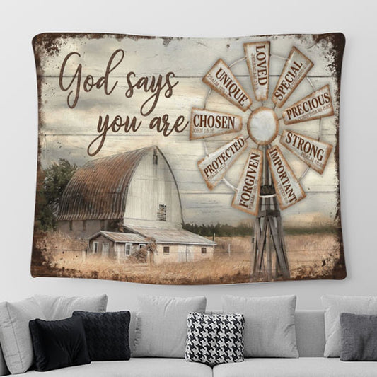 God Says You Are Windmill Farm Rustic Barn Large Tapestry Art - Christian Tapestry Wall Hanging - Religious Tapestry Prints