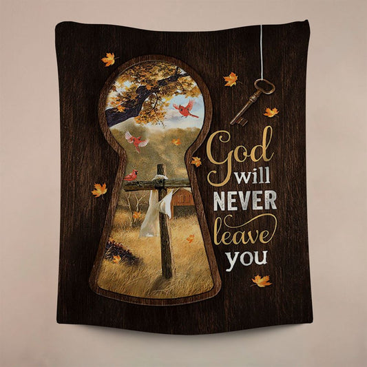 God Will Never Leave You Wooden Cross Red Cardinal Tapestry Wall Art, Christian Wall Decor, Religious Home Decor