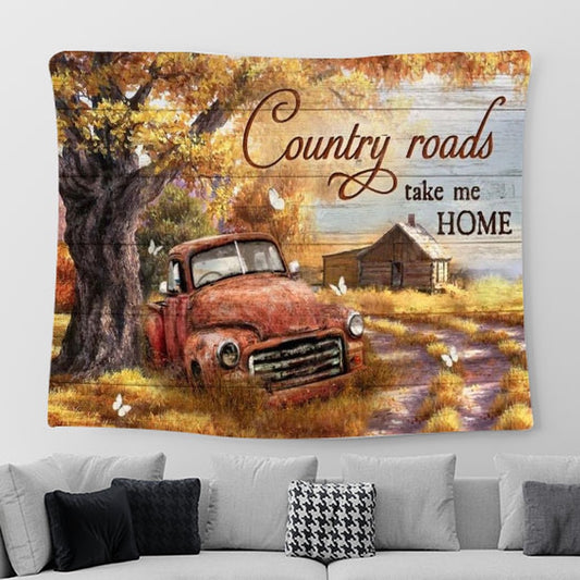 Gorgeous Autumn Season, Old Red Truck, Country Roads Take Me Home Tapestry