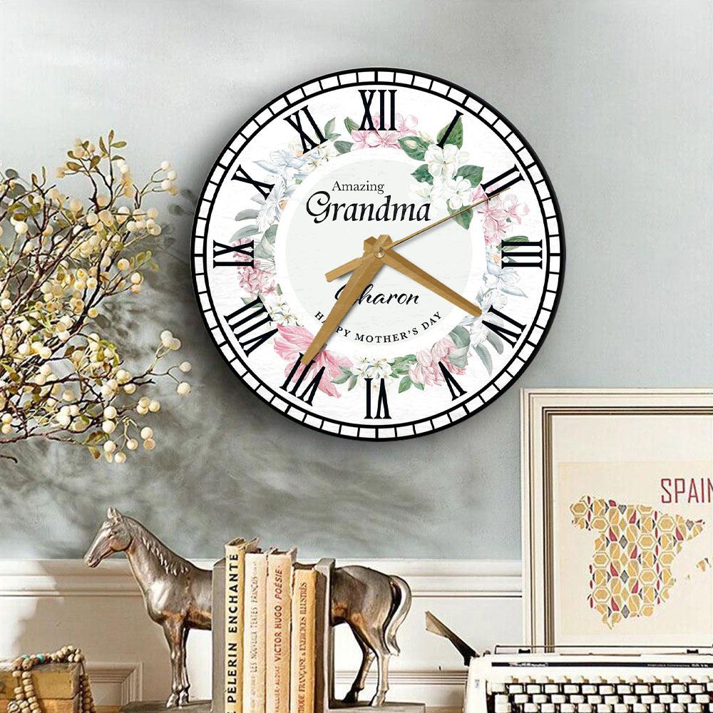 Grandma Mother's Day Gift Pink Floral Wreath Personalised Wooden Clock, Mother's Day Wooden Clock, Gift For Mom