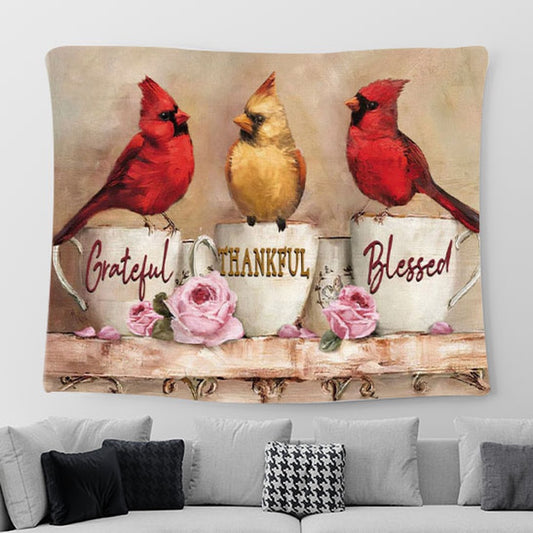 Grateful Thankful Blessed Tapestry Wall Art - Cardinal - Christian Gifts - Christian Tapestries For Room Decor