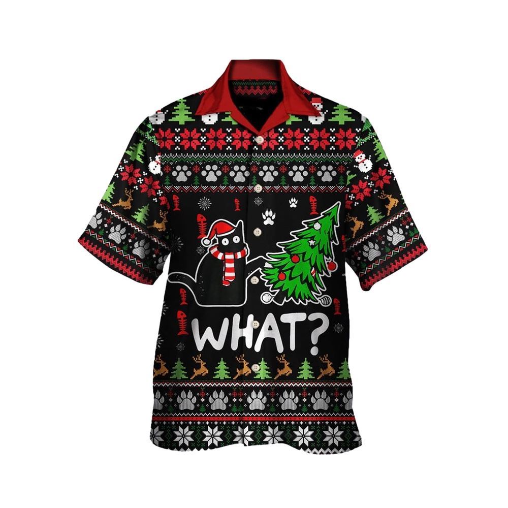 Hawaiian Christmas shirt, Black Cat Wreck The Tree Funny Ugly Style Christmas Hawaiian Shirt, Christmas Gift, Hawaiian Aloha Shirt