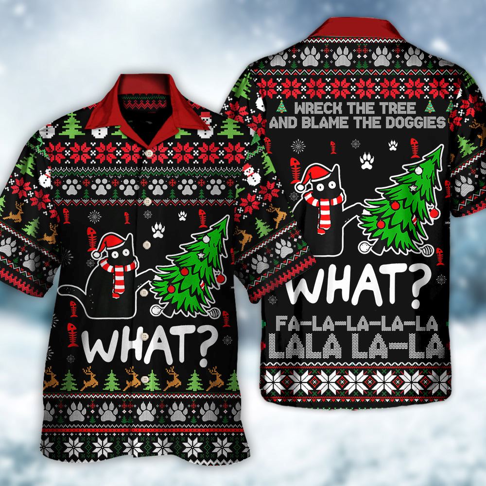 Hawaiian Christmas shirt, Black Cat Wreck The Tree Funny Ugly Style Christmas Hawaiian Shirt, Christmas Gift, Hawaiian Aloha Shirt