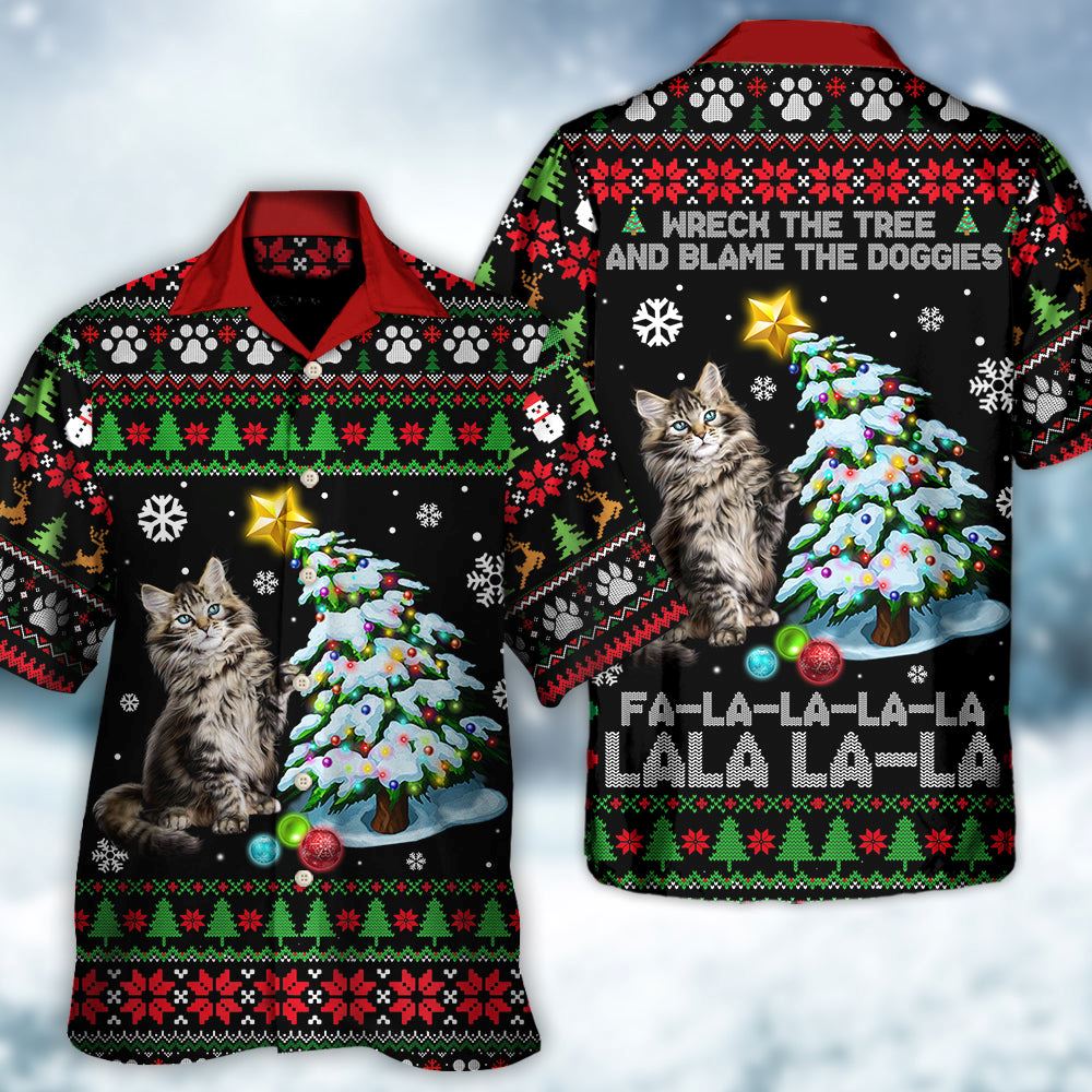 Hawaiian Christmas shirt, Cat Wreck The Tree Light Funny Ugly Style Christmas Hawaiian Shirt, Christmas Gift, Hawaiian Aloha Shirt