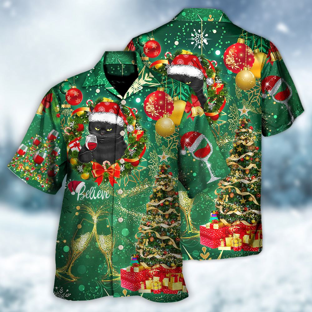 Hawaiian Christmas shirt, Christmas Black Cat Drinking Happy Christmas Tree Green Light Hawaiian Shirt, Christmas Gift, Hawaiian Aloha Shirt
