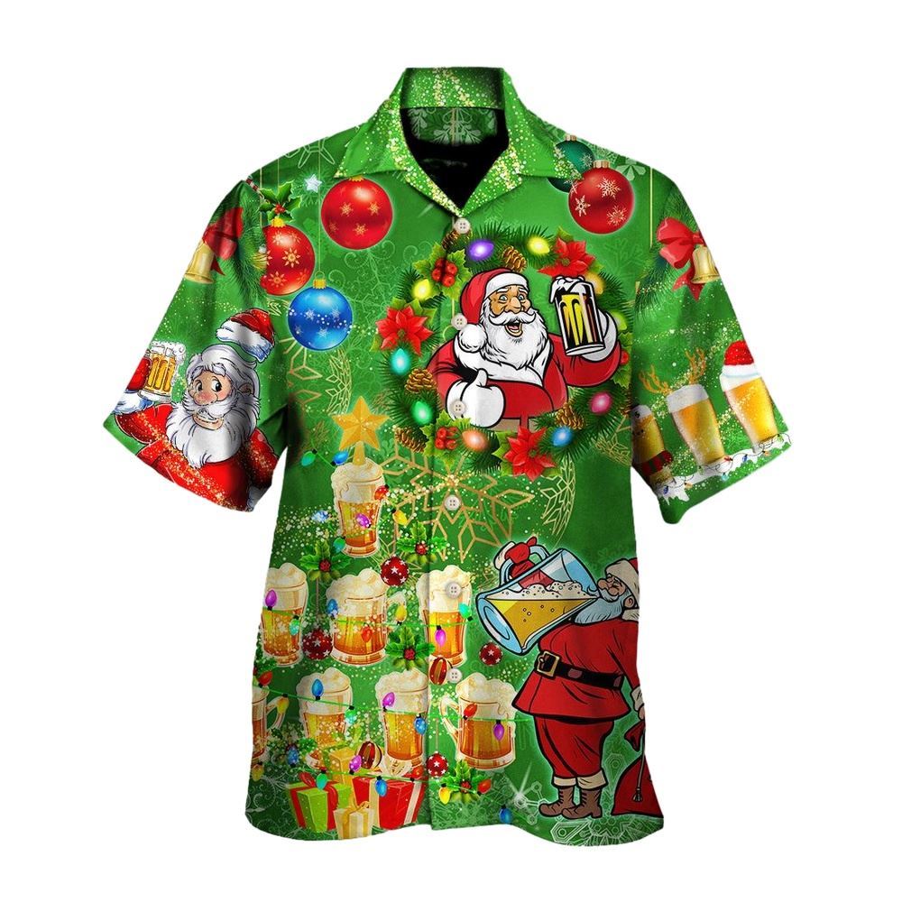 Hawaiian Christmas shirt, Christmas Funny Santa Claus Drinking Beer Happy Christmas Tree Green Light Hawaiian Shirt, Hawaiian Aloha Shirt