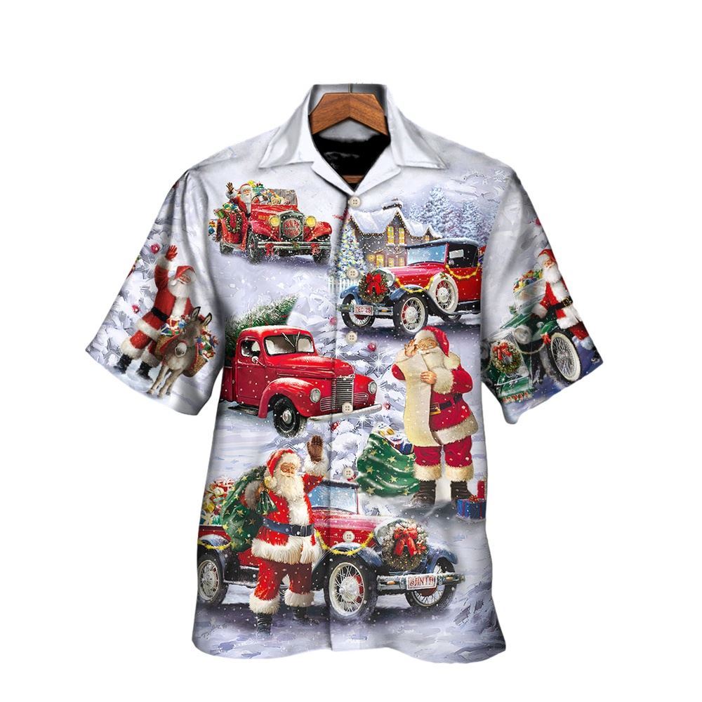 Hawaiian Christmas shirt, Christmas Santa Claus Funny Red Truck Gift For Xmas Painting Style Hawaiian Shirt, Christmas Gift, Hawaiian Aloha Shirt