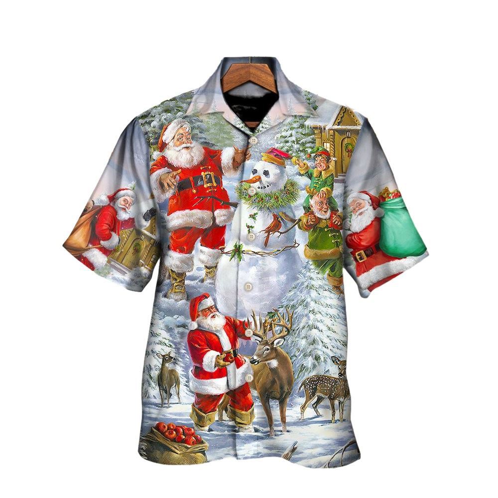 Hawaiian Christmas shirt, Christmas Santa Claus Snowman Elf So Happy Art Style Hawaiian Shirt, Christmas Gift, Hawaiian Aloha Shirt