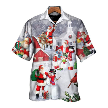 Hawaiian Christmas shirt, Christmas Santa Claus With Snowman Family In The Town Art Style Hawaiian Shirt, Christmas Gift, Hawaiian Aloha Shirt