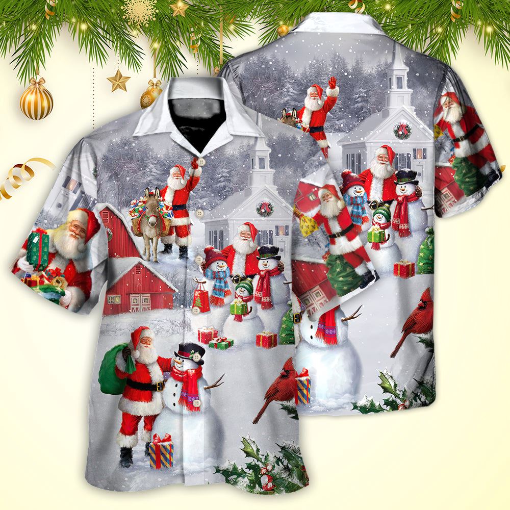 Hawaiian Christmas shirt, Christmas Santa Claus With Snowman Family In The Town Art Style Hawaiian Shirt, Christmas Gift, Hawaiian Aloha Shirt